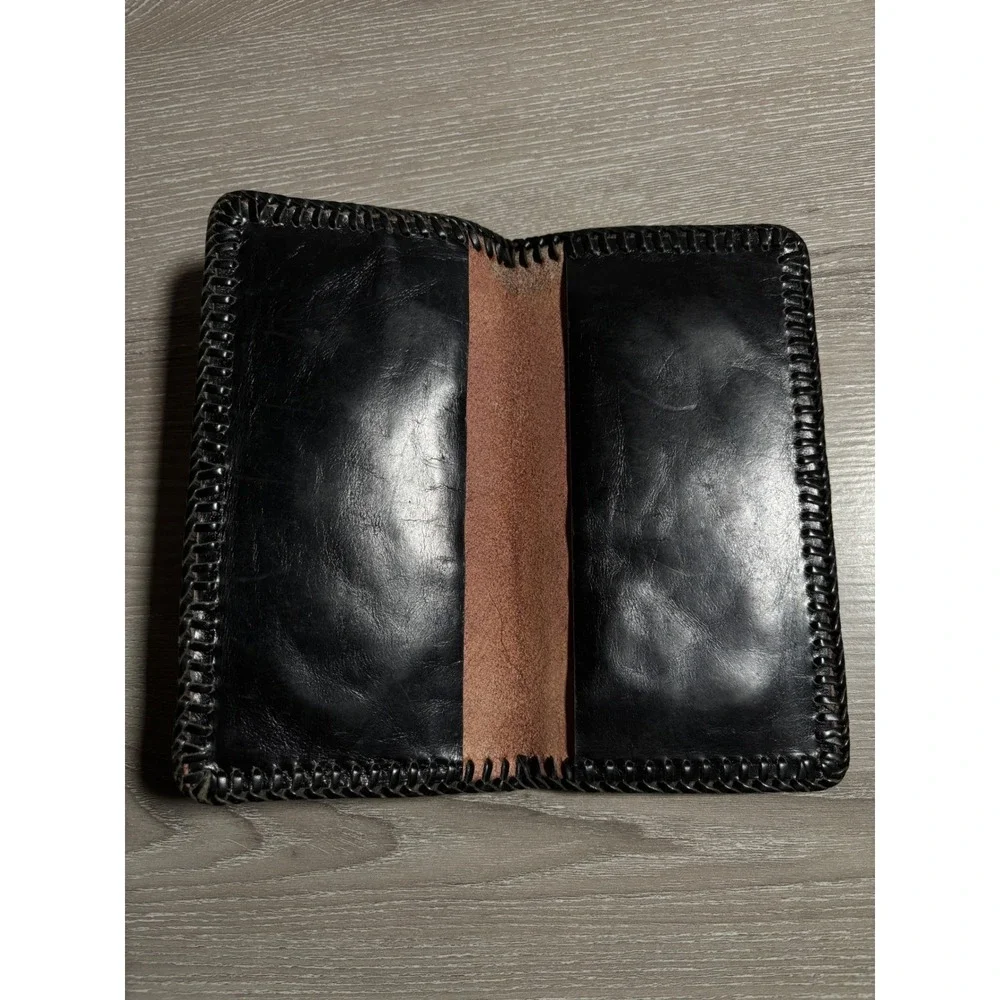 Vintage Hand Tooled Leather Checkbook Cover Western Floral Whipstitch Tan Black